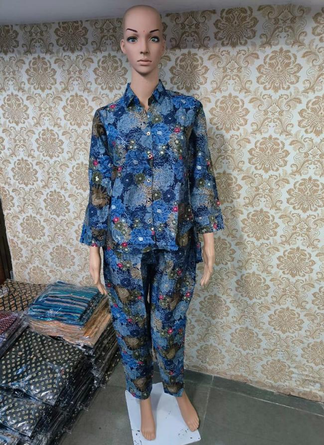 Viscose Cotton Blue Casual Wear Embroidery Work Cord Set